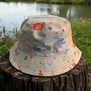 Boutique Handcrafted Whimsical Mushroom Print Baby Blue Trendy Bucket Hat OSFM